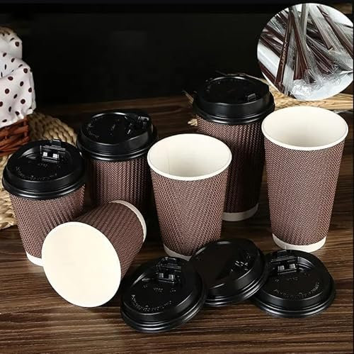 HOT BARGAINS 12oz Disposable Coffee Cups with lids, 360ml Triple-Layered Kraft Paper Cups, Brown and White Ripple Design, 200 Count
