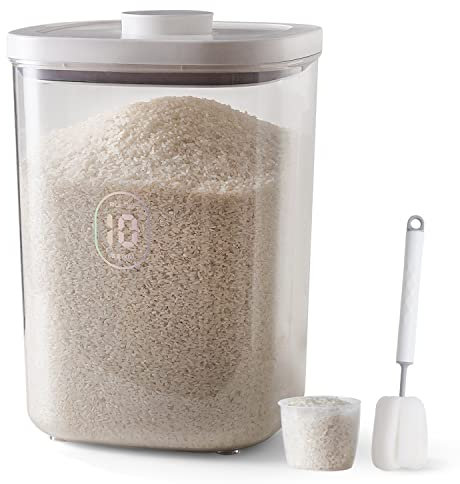 LivLab 20-25 lbs Rice Dispenser,10.5 Qt/10 L/22-25 lbs Rice Container Storage with Measuring Cup & Brush Food Cereal Container Bins Household for Kitchen Pantry Organization (AY-10KG-WHITE)