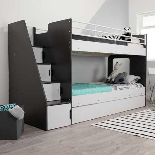 Flair Furnishings - Triple Bunk Beds for Kids, Trundle Bed with Staircase, Heavy Duty and Sturdy, Cosy, Stylish, Space Saving Design (White/Black)