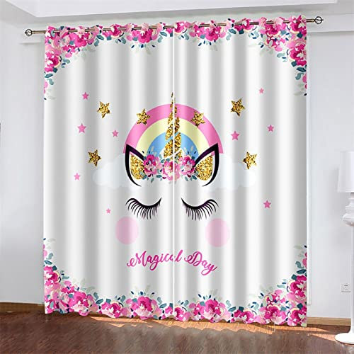 MTBDyyds Rosa Einhorn Sterne 300X280Cm Verdunkelungsvorhänge 3D Drucken Verdunklungsvorhänge Kinderzimmer 2 Stück Vorhang Blickdicht Ösenschal Kindergardinen Junge Verdunklungsgardine