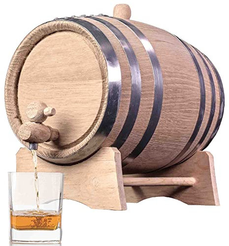 3 Liter Eiche Alterungsfass (Destillery Series,Stahlreifen, unlackiert) mit Holzständer, Stöpsel und Zapfhahn,Charred Oak Bourbon Whiskey Fass für den Hausbrauer, Weinmacher, Cocktailalterung