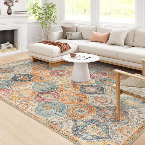 Lahome Moroccan Washable Area Rugs 8x10, 8x10 Rugs for Living Room Bedroom, Ultra-Thin Oriental Non-Slip Foldable Non Shedding Accent Large Carpet for Office Dining Room Elise, Cream/Multi