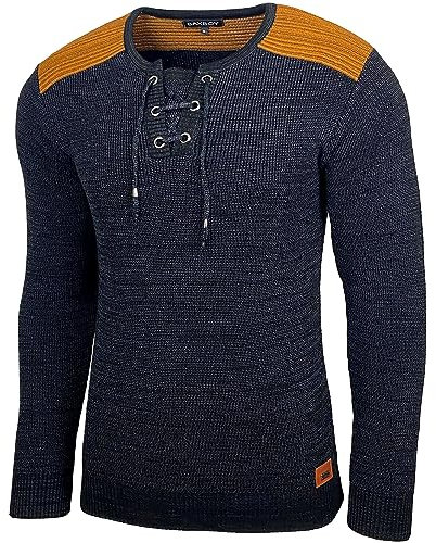 Baxboy Herren Pullover Slim Fit V-Neck Strick-Pullover Rundkragen Moderner Männer schwarzer Pulli Longsleeve in Feinstrick Sweatshirt BB-52205, Farbe:Schwarz, Größe:L