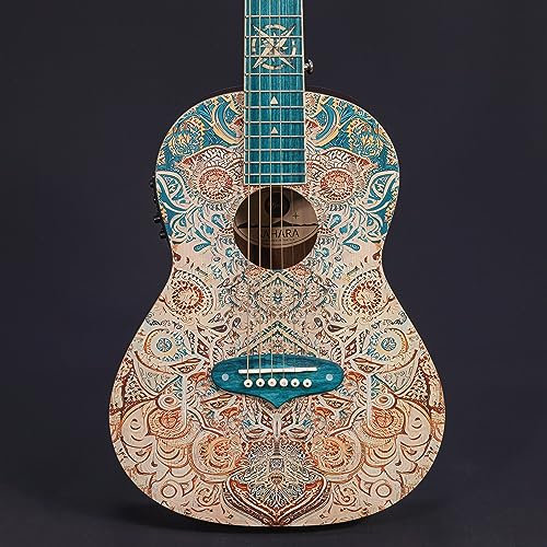 Lindo Sahara Steel String Parlor Elektroakustische Reisegitarre (3/4 Größe), nautischer Stern, 12. Bundeinlage, grafisches Finish Körper und Kopfplatte, entworfen in Großbritannien