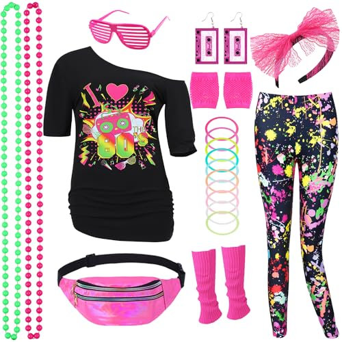 Miulruma 80er Jahre Damen Kostüm Set 80er Jahre Outfit T Shirt, 80er Artistic Leggings,Ohrring, Halskette,Bauchtasche Retro 80 Jahre Outfit Party Accessoires für Karneval Kleidung Fraun Mädchen 036XL