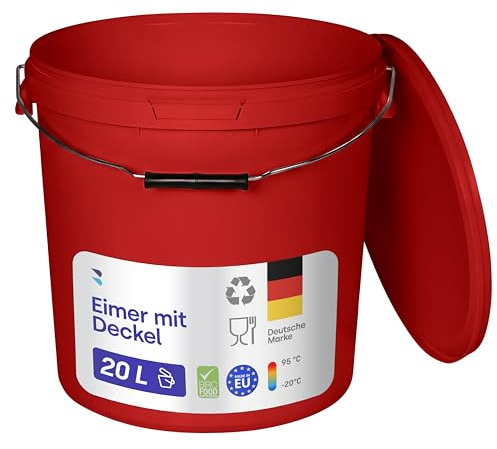 BenBow - Eimer mit Deckel rot 5X 20 Liter - lebensmittelecht stabil luftdicht auslaufsicher geruchsneutral - Aufbewahrungsbehälter aus Kunststoff - Metalgriff - Rissfester Griff, leer - zur Hause