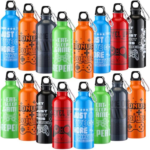 SiliFine 24 Pcs Gaming Water Bottle Sports Insulated Water Bottles with Hook Clip Video Game Design Funny Quotes Aluminum Gamer Iced Coffee Travel Mug for Adult Kid Birthday Video Game Party Favors