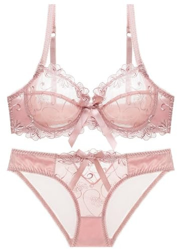 MOONBADI Bralette Pink Women Bra and Knickers Underwear Set Underwire lace Bralette Push Up Half Cup See Through Nightwear Soft Bras for Women 40D