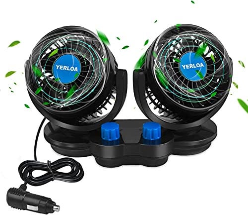 Yerloa 12V Car Fan, Electric Dual Head Car Fan Portable Car Seat Fan,360° Rotatable Mini Cooling Fans for Golf Cart, Powerful Quiet cooling Fans with Cigarette Lighter Plug for SUV, RV, Vehicles