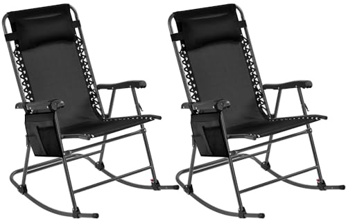 Yaheetech Rocking Garden Chair with Pillow, Foldable, 2 Pack, Black | Garden Furniture Foldable Chairs | Steel, 550g Texteline | Armchair, Storage Bag | For Outdoor, Patio Lounge, Camping