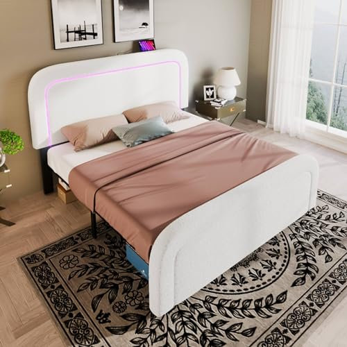 KOMHTOM Lit Rembourré avec Sommier à Lattes en Bois, Lit LED avec Tête de Lit réglable en Hauteur, Cadre de Lit Plateforme, Blanc(sans Matelas) (A, 160x200cm)