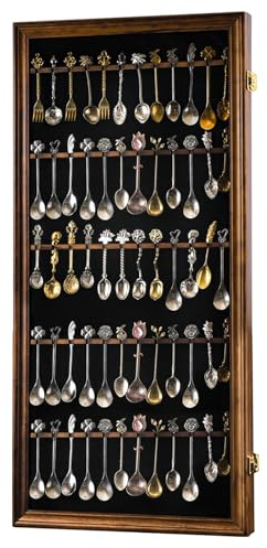 COMSREV 60 Souvenir Spoon Display Case Wall Mount Lockable Cabinet Burnt | Solid wood frame with black velvet lining and UV resistant acrylic door; holds 60 souvenir spoons for wall display