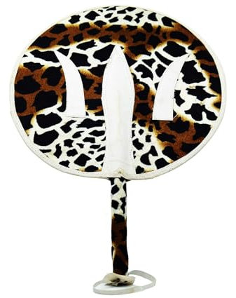Boys Hand Fan Handmade Faux Suede Animal Skin Igbo Traditonal Akupe African Culture Fan Nigerian Wedding Festival (Faux Suede, Brown and White - Round Shape)