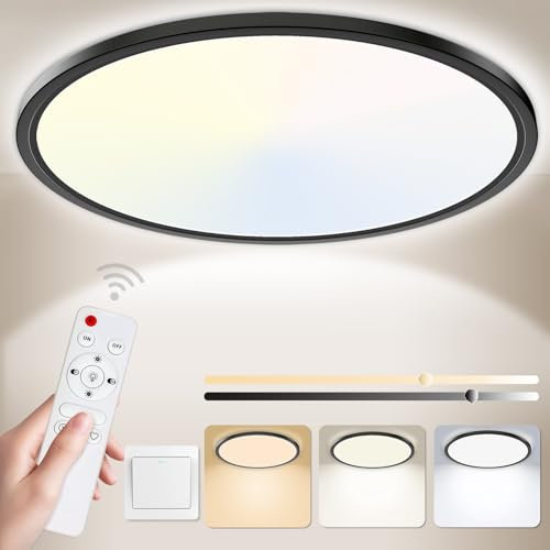 Yexati Bathroom Light 24W 3200LM 30cm Dimmable with Remote Control 6500K-3000K, IP54 LED Bathroom Light Ultra Thin Flush Ceiling Light Round for Kitchen Toilet Porch Bedroom Utility Room Black