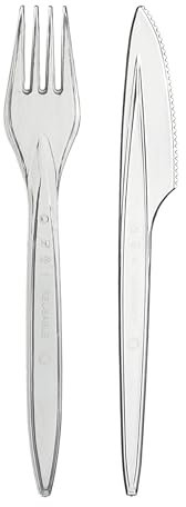 daybays Plastikbesteck Set 50x Plastikgabel 50x Plastikmesser Mehrweg Geschirrset Partybesteck Plastikgeschirr Mehrwegbesteck Spülmaschinenbeständig (Transparent, 50Gabel+50Messer)