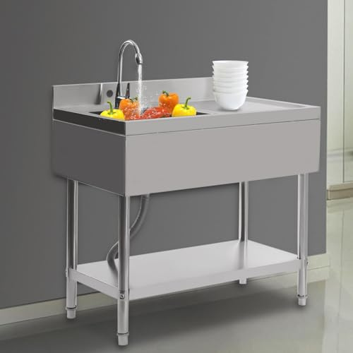 Mermajestic Freistehende Edelstahl-Waschbecken Mit Wasserhahn und Filterkorb, Spülbecken Edelstahl Küche Outdoor Spüle 100 x 60 x 80cm Für Terrassen Arbeitsräume Grillplatz, 1 Becken, Einstellfüße
