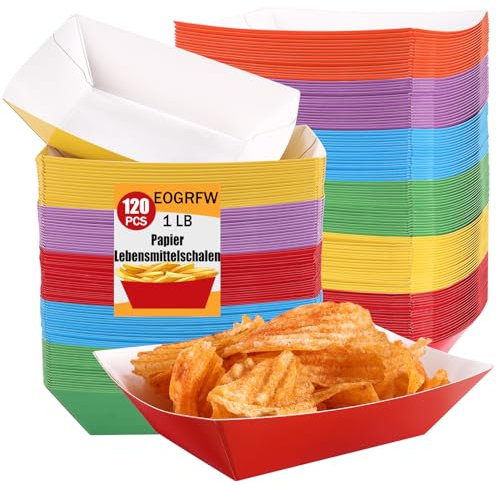 EOGRFW 120 Stück Pommesschalen aus Pappe, Pommes Schalen, Papier Fingerfood Schalen, Bunt Fingerfood Schiffchen für Pommes Snacks Currywurst Salate für Fingerfood Snacks Picknick, 14 × 9,5 × 3,7 cm