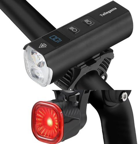 Tellegante Lampe Velo 2 LED Ultra Puissantes 6000mAh Eclairage Velo Rechargeable USB C Lumiere Velo Avant et Arriere, Feu Arrière Vélo Intelligent, Affichage de Batterie & IPX6 Étanche Phare VTT Route
