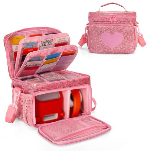 LoDrid Travel Carrying Case Compatible with Yoto Player Bluetooth Speaker, Audio Card Holder Holds up to 54 Cards with Shoulder Strap, Pink, Bag Only