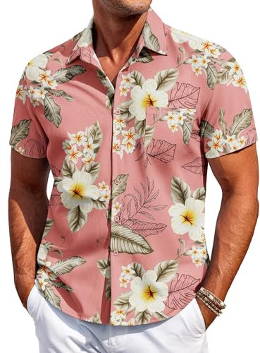 COOFANDY Mens Hawaiian Shirt Short Sleeve Casual Button Down Shirt Flower Printed Beach Tops Summer Holiday Shirt Regular Fit with Pocket Flower-Pink XL