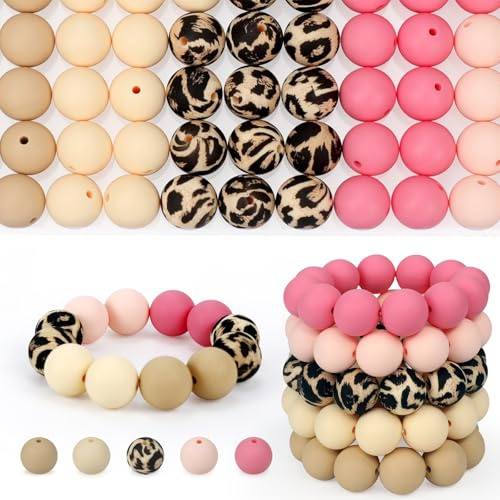 SALUOKE 100 Stück 15 mm Silikonperlen zur Schlüsselanhängerherstellung | 5 Farben Große Runde Silikonperlen, Runde Perlen für Armbänder, Stifte, Handwerk, Schmuckherstellung (Rosa / Creme)