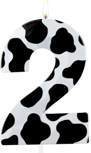 Metallic 3D Cow Birthday Candles, Zoo Number 2 Candle, Happy 2nd Birthday Candle for Cake, Farm Animal Cake Topper Decorations for Boys Girls Birthday Party Anniversary Celebration Supplies