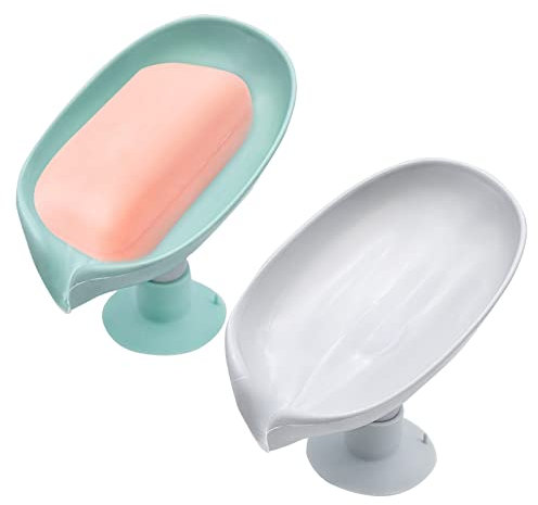 2 PièCes Porte-Savon avec éCoulement,Porte-Savon en Forme De Feuille avec éCoulement Porte Savon pour Salle De Bain Porte-éPonge De Cuisine avec Ventouse Forte Amovible sans Percer pour Cuisine,Bain