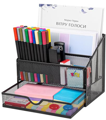 ilauke Organisateur de Bureau en Acier Carbone avec 5 Niveaux + Tiroir – Porte-Documents Vertical, Porte-Stylos Multifonction et Rangement Ergonomique (Noir)