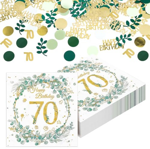 Yamitora Pack of 40 Napkins 70th Birthday Eucalyptus Motif Paper Napkins with Confetti Birthday Table Decoration for 70th Birthday Man Woman Birthday Party Decoration