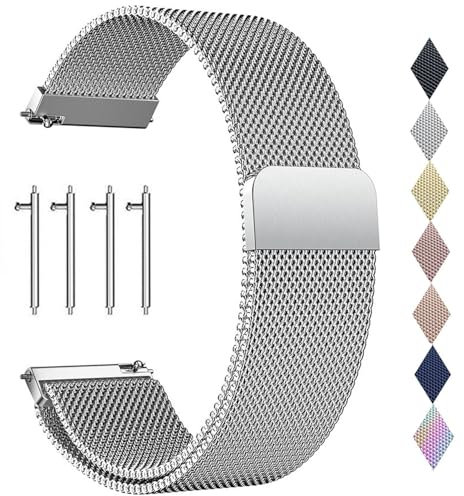 PDSQL Edelstahl Mesh Uhrenarmband, Metall Ersatz Armband Edelstahlarmband mit Magnetverschluss Smartwatch Schnellverschluss Watch Uhren Ersatzband Für Damen Herren (Silber, 22mm)