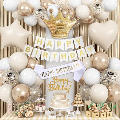 Geburtstagsdeko Beige, Deko Geburtstags Creme Weiß Gold Mädchen Junge, Luftballons Beige Gold Happy Birthday Banner Girlande Folienballons Lametta Vorhang für Frauen Mann Boho Geburtstag Party Deko