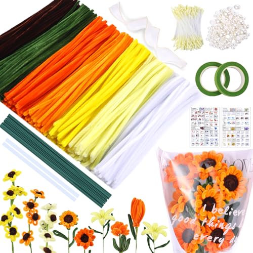 MKLG 385 Stück Pfeifenreiniger Blumen Set, Pfeifenputzer Blumen zum Basteln, Mit Grüne Blumenstöcke, Klebebandrollen, Klebestifte, Anleitungen, Blumenstraußverpackungen, Bänder, Staubgefäße etc (Gelb)