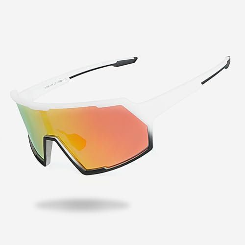 UVTQSSP Sportbrille, TR90 Rahmen Fahrradbrille, Herren Damen Sport Radsportbrillen für MTB Radfahren Laufen mit UV400 Schutz Laufbrille, Weißer Rahmen/Orange Linse