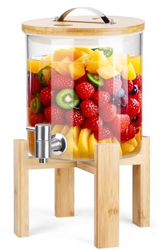 OJTOJT Dispenser per bevande in vetro 5L, Distributore di bevande con rubinetto, con Supporto in Bambù, per Acqua, Succhi, Ghiaccio, Frutta, Cocktails, Infusi