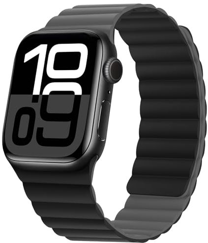 HITZEE Cinturino Magnetico Due Lati Compatible con Cinturino Apple Watch 42(S10)/41/40/38mm, Band in Silicone per iWatch Serie 10 9 8 7 SE 6-1 (42/41/40/38, Nero/Grigio)