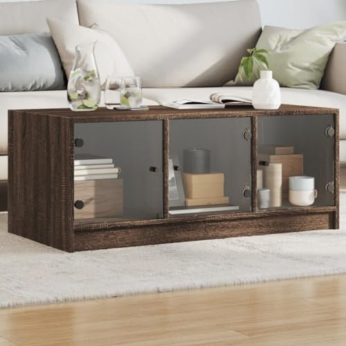 LLEZKBR Tables d'appoint Table basse avec portes en verre Chêne marron 102 x 50 x 42 cm