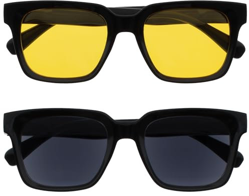 OPULIZE ERA Lunettes de soleil femme et homme - Verres Jaunes/Noirs - Lot de 2 - Anti-éblouissement Anti-Reflet - Lunettes de soleil polarisées UV400 - Lunettes surdimensionnées - Noir