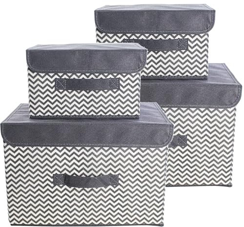Clay Roberts Storage Baskets with Lids, Pack of 4 Storage Chests, Grey, Fabric Boxes Set for Organiser Units, Homes and Offices, Baskets, Boxes, Box, Unit Cubes
