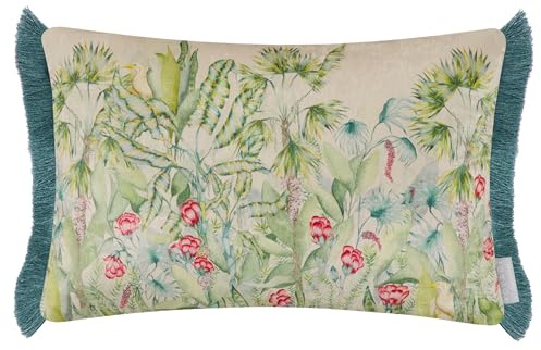 Voyage Maison Mangrove Feather Filled Cushion – Jungle Watercolour Printed Velvet Wildlife Botanical Fringed Trim Decor (Multicolour - 40x60cm)