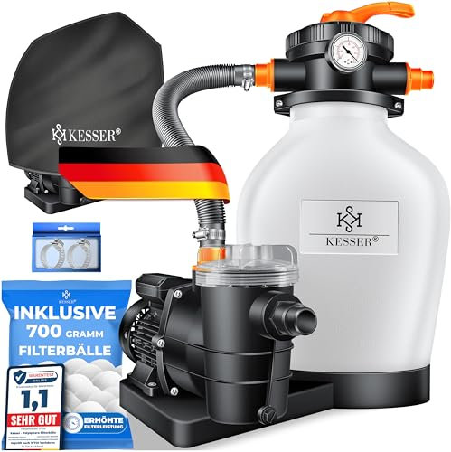 KESSER Sistema de filtro de arena con bomba y bolas de filtro de 1200 g | filtro de piscina 600 W | filtro de arena para piscina 13200L/h caudal | volumen del depósito hasta 30 kg de arena | válvula