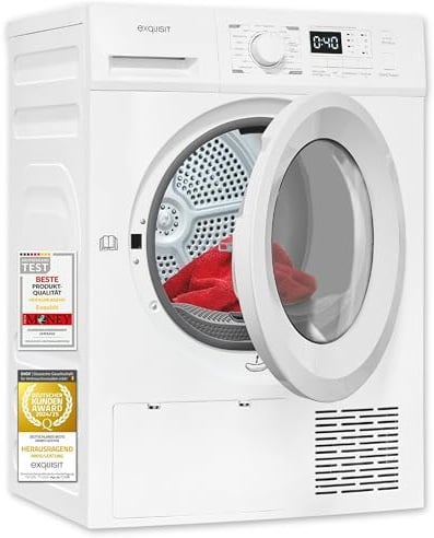 Exquisit TWP803-031D Wärmepumpentrockner 8 kg - 16 Programme - Weiß | Wäschetrockner mit LED-Innenbeleuchtung, Knitterschutz, Startzeitverzögerung und digitaler Restlaufanzeige