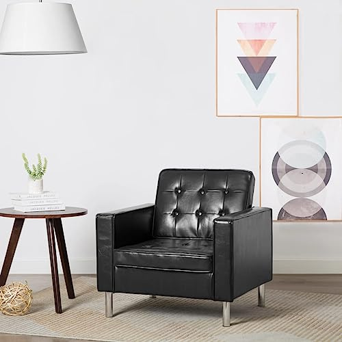 QJBSAVVA Chesterfield Sessel Schwarz Kunstleder Moderner Loungesessel mit Knopf Tufting Design und Breiten Armlehnen 75 x 70 x 75 cm Bequem für Wohnzimmer Schlafzimmer und Büro
