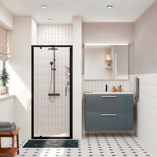 CERAMIA Zenith Porte de Douche 80x195 cm Pivotante | Verre trempé 6 mm anticalcaire | Profiles Noir Mat | Installation facile