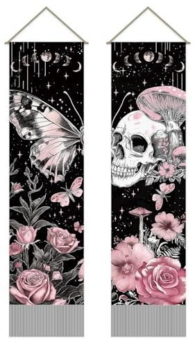 SUPERDANT Wandteppich Schmetterling Und Totenkopf Wandbehang Mit Mondphasen Pilz Wandkunst 2 Lange Wandteppiche Mit Quasten Tapestry Für Wohnzimmer Schlafzimmer Halloween Dekor 130x33cm