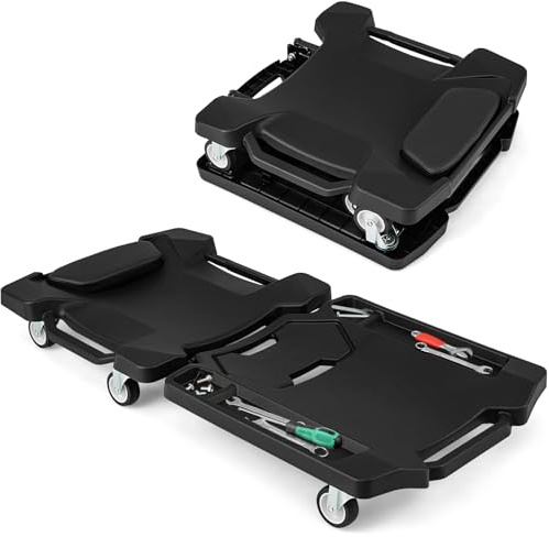 GOPLUS Chariot de Visite Pliable Charge 150 KG avec 6 roulettes Pivotantes, Chariot Mecanicien 108 CM avec Appui-Tête Rembourré, Outillage Mecanique Auto pour Garage & Atelier