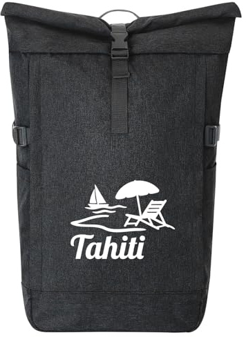 Huuraa Kurierrucksack Tahiti Inselmotiv Französisch-Polynesien Geschenk | 30-44 Liter Backpack Black Melange Fairtrade Rolltop Rucksack Geschenkidee Schwarzer Laptop-Rucksack passend für 17-Zoll