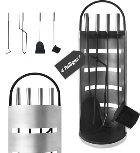 Suusolny Kaminbesteck Mit 4 teilig modern kaminofen zubehör-Schürhaken, Kaminschaufel, Ascheschaufel, Ständer,Mit griff Kamin besteck set - Halbkreisförmig(Silber)