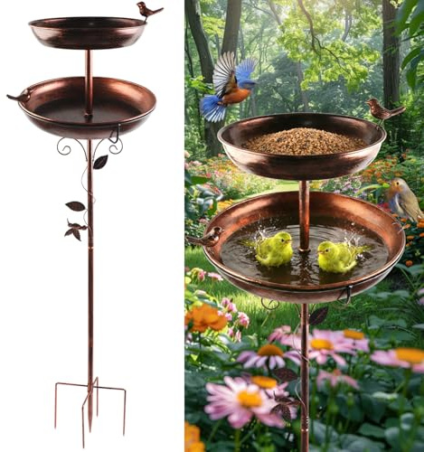 Abbeveratoio per uccelli in metallo su piedistallo, vintage, con decorazione di uccelli e foglie, per giardino, terrazza, cortile, supporto stabile e facile da montare (doppie ciotole migliorate)