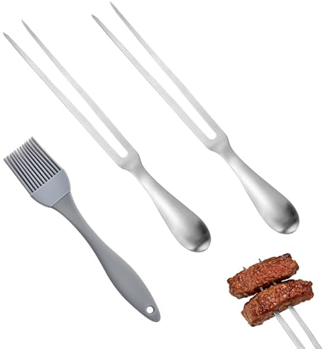 APKOL 2 PCS Forchetta per Carne in Acciaio Inossidabile 30cm, Forchetta | da Arrosto Barbecue con Impugnatura Ergonomica con Pennello per Olio, per Grigliate, Taglio, Campeggio, Cucina e Ristorante