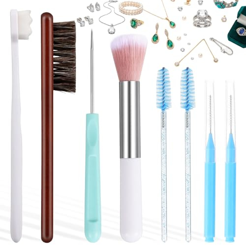 ElevateTech Jewelry Cleaning Brush Kit, 18 Pcs Jewelry Cleaner Brush Horse Hair Brushes Needles Crevice Brushes Cleaning Polishing Cloth for All Jewelries Ring Earring Diamond